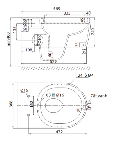bản vẽ kĩ thuật bàn cầu két âm V55